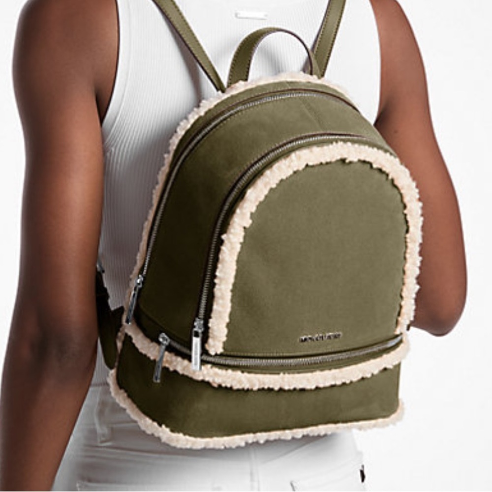 MICHAEL KORS Rhea Medium Suede and Faux Shearling Backpack
Olive
NWT - Picture 3 of 16